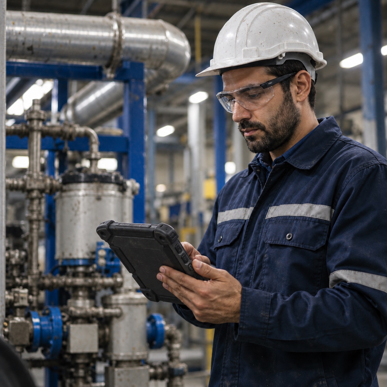 Field reliability professional inspecting industrial equipment with a tablet